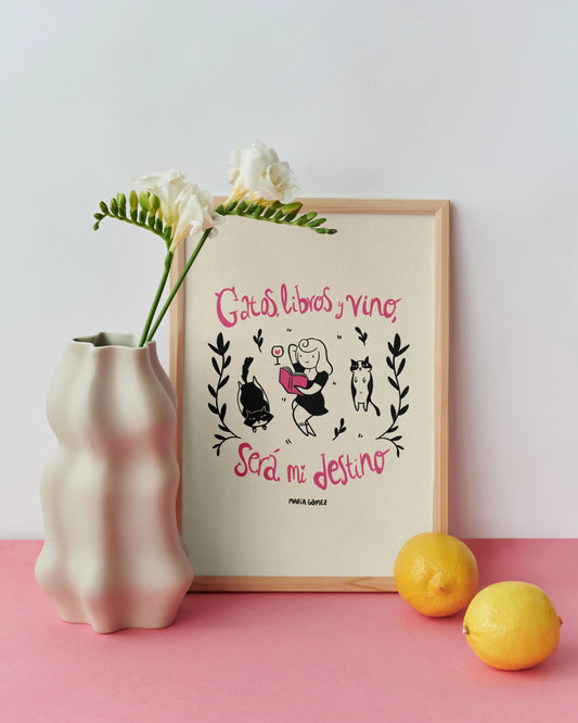 Gatos, libros, vino x María Gómez